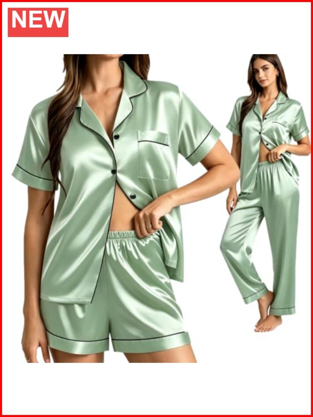Women's Silk Satin Pajama Set 3 Piece Button Down Sleepwear Lounge